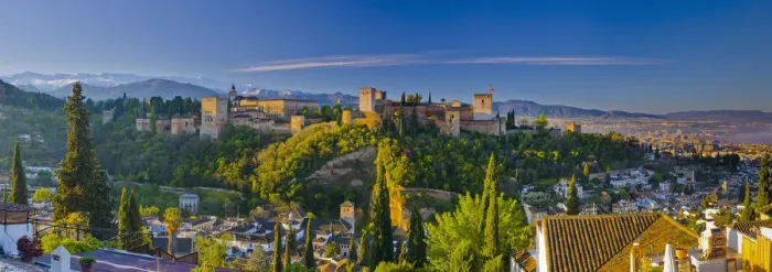 Framed Print : Spain, Andalucia, Granada Province, Granada, Alhambra Palace and Sierra Nevada mountains