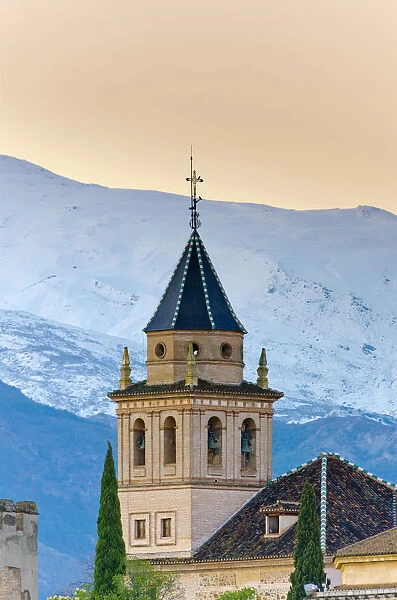 Spain, Andalucia, Granada Province, Granada, Alhambra Palace and Sierra Nevada mountains