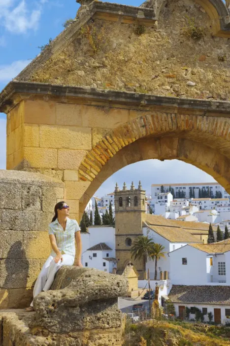 Framed Print : Spain, Andalucia, Malaga Province, Ronda, Felipe V Gate, Woman sitting besite gate (MR) Framed Print : Spain, Andalucia, Malaga Province, Ronda, Felipe V Gate, Woman sitting besite gate (MR)