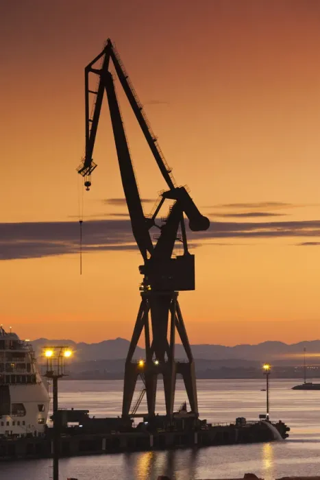 Framed Print : Spain, Andalucia Region, Cadiz Province, Cadiz, Commercial port, cargo cranes