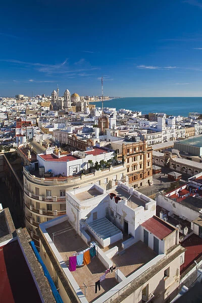Spain, Andalucia Region, Cadiz Province, Cadiz, elevated city view with the Cathedral