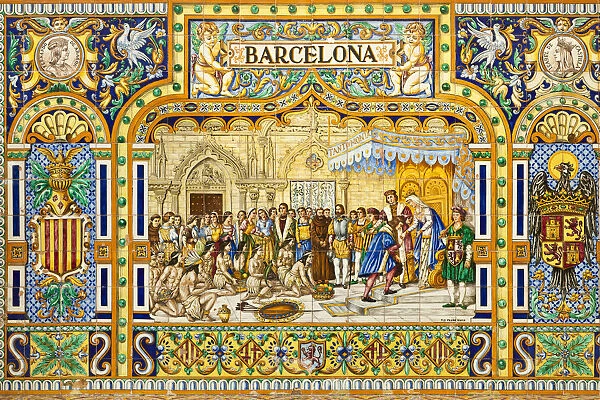 Spain, Andalucia Region, Seville Province, Seville, Plaza Espana, Barcelona tile wall