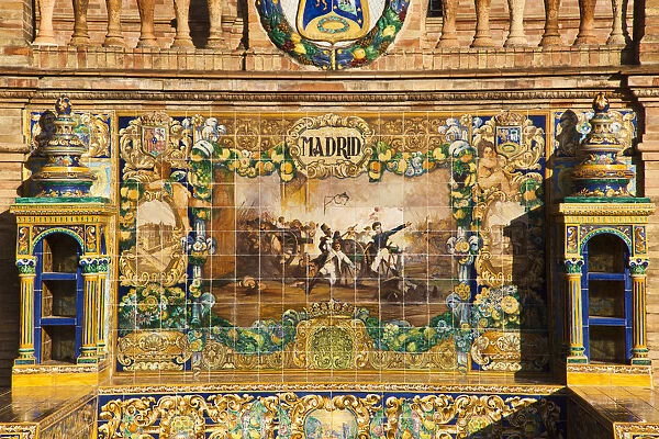 Spain, Andalucia Region, Seville Province, Seville, Plaza Espana, Madrid tile wall