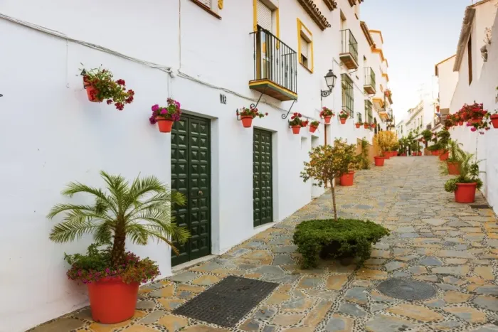 Framed Print : Spain, Andalusia, Estepona, Old town, Colourful street Framed Print : Spain, Andalusia, Estepona, Old town, Colourful street