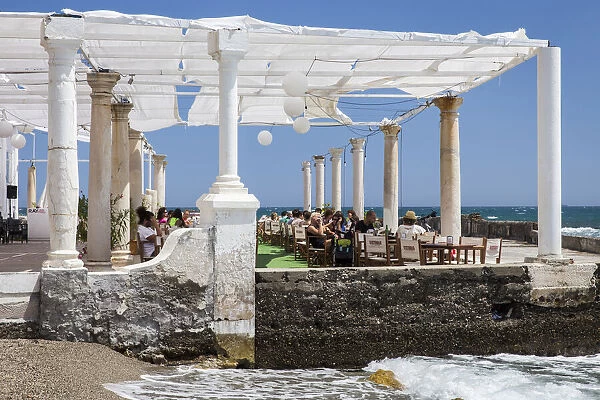 Spain, Andalusia, Malaga, El Palo, The terrace of the Banos del Carmen restaurant. del Carmen restaurant