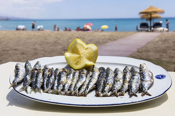 Spain, Andalusia, Malaga, Huelin, Traditional sardine at the Chiringuito Gutierrez Playa