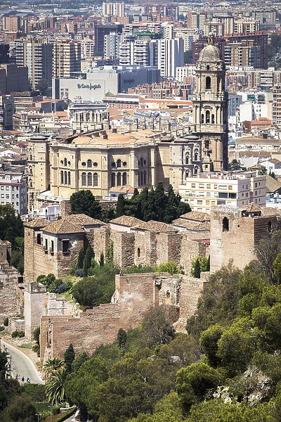 Spain, Andalusia, Malaga, View of the Alcazaba Palace and of the Cathedral