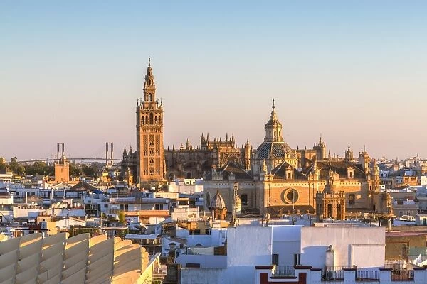 Spain, Andalusia, Seville. High angle view of the Cathedral with the Giralda tower