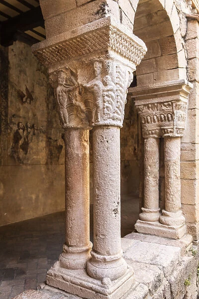 Spain, Aragon, Huesca, Alquezar, Details of capitals in the cloister of St Marys collegiate church