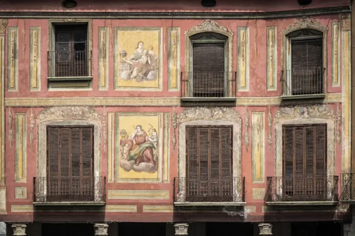 Framed Print : Spain, Aragon, huesca, Graus, Details of Graus main square houses Framed Print : Spain, Aragon, huesca, Graus, Details of Graus main square houses