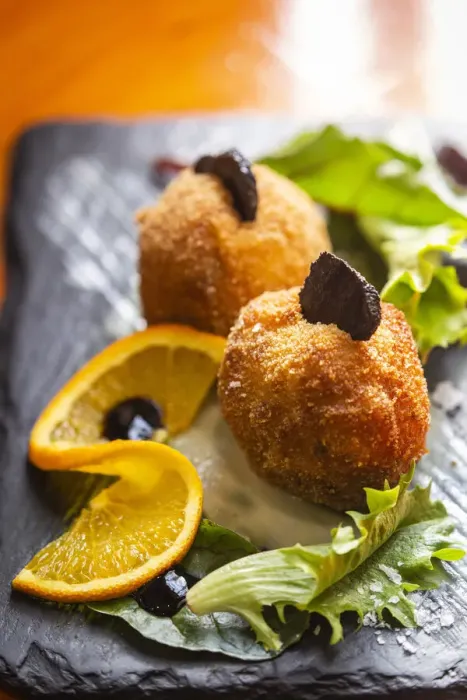 Framed Print : Spain, Aragon, Mora de Rubielos, Croquettes of carrot foam, nitrogen and truffle Framed Print : Spain, Aragon, Mora de Rubielos, Croquettes of carrot foam, nitrogen and truffle