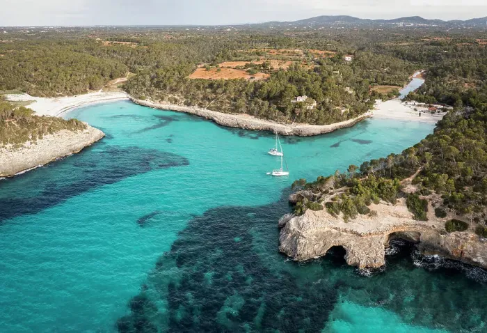 Framed Print : Spain, Balearic Islands, Mallorca, Santany, Elevated view of Mondrago beach