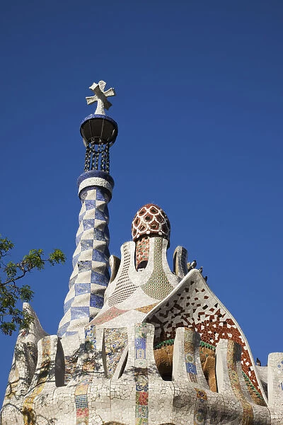 Spain, Barcelona, Guell Park, Entrance Gatehouse Roof Detail