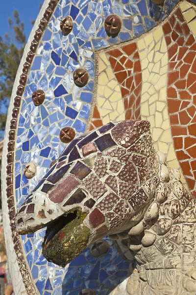 Spain, Barcelona, Guell Park, Mosaic Dogs Head Fountain