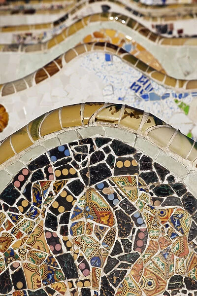 Spain, Barcelona, Guell Park, Mosaic detail of the Terrace Seats