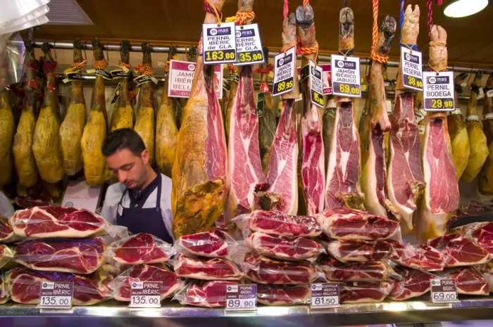 Framed Print : Spain, Barcelona, La Rambla, La Boqueria Market, Ham for sale Framed Print : Spain, Barcelona, La Rambla, La Boqueria Market, Ham for sale