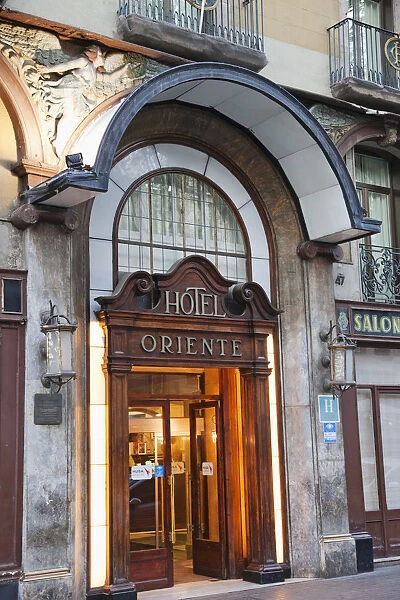 Spain, Barcelona, The Ramblas, Entrance to The Hotel Oriente