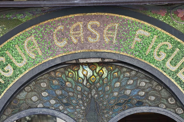 Spain, Barcelona, The Ramblas, Detail of the Facade of The Escriba Patisserie