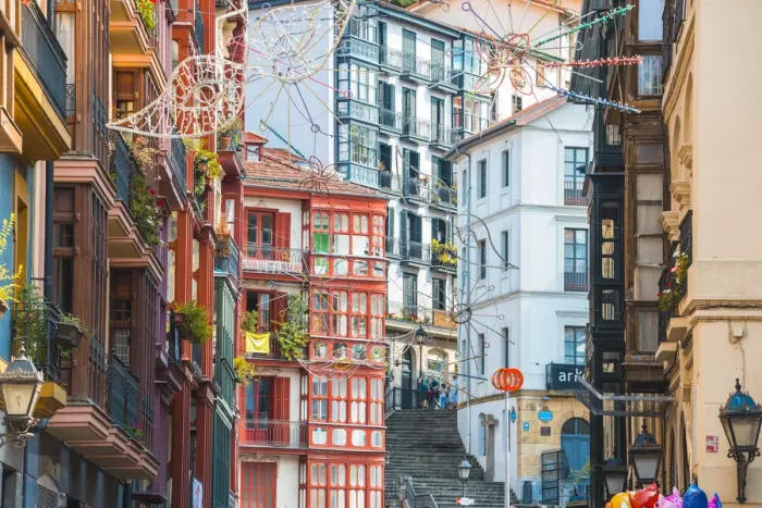 Framed Print : Spain, Basque Country, Bilbao. Typical medieval architecture of the Casco Viejo (old Framed Print : Spain, Basque Country, Bilbao. Typical medieval architecture of the Casco Viejo (old
