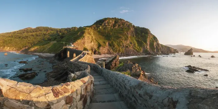 Framed Print : Spain, Basque Country, Gaztelugatxe. Walkway to the hermitage at sunset Framed Print : Spain, Basque Country, Gaztelugatxe. Walkway to the hermitage at sunset