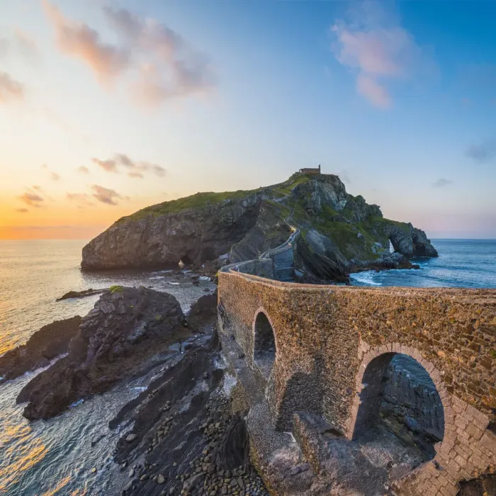 Framed Print : Spain, Basque Country, Gaztelugatxe. Walkway to the hermitage at sunset Framed Print : Spain, Basque Country, Gaztelugatxe. Walkway to the hermitage at sunset