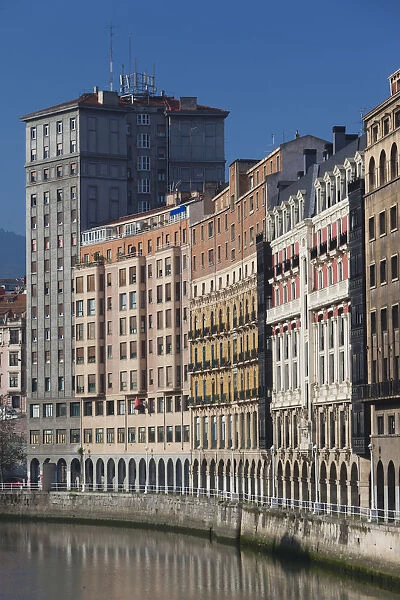 Spain, Basque Country Region, Vizcaya Province, Bilbao, riverfront buildings, central