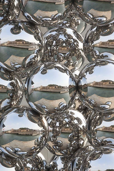 Spain, Basque Country Region, Vizcaya Province, Bilbao, city reflection in chrome spheres