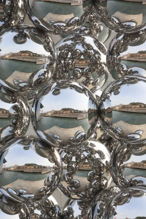 Framed Print : Spain, Basque Country Region, Vizcaya Province, Bilbao, city reflection in chrome spheres Framed Print : Spain, Basque Country Region, Vizcaya Province, Bilbao, city reflection in chrome spheres