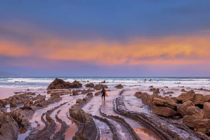 Framed Print : Spain, Basque country, rock beach near Bilbao at sunrise