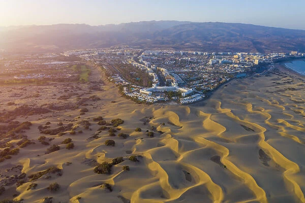 Spain, Canary Islands, Gran Canaria, Maspalomas Sand Dunes and Playa del Ingles town
