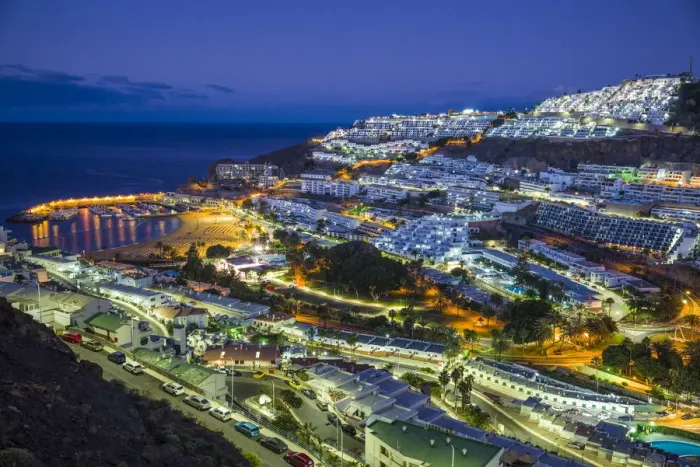 Framed Print : Spain, Canary Islands, Gran Canaria Island, Puerto Rico, resort high angle view, dawn Framed Print : Spain, Canary Islands, Gran Canaria Island, Puerto Rico, resort high angle view, dawn