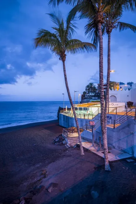 Framed Print : Spain, Canary Islands, La Palma Island, Puerto Naos, beach cafe, dawn
