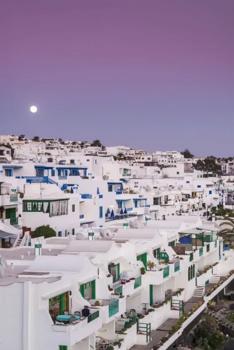 Framed Print : Spain, Canary Islands, Lanzarote, Puerto del Carmen, seaside houses and moonrise, dusk Framed Print : Spain, Canary Islands, Lanzarote, Puerto del Carmen, seaside houses and moonrise, dusk