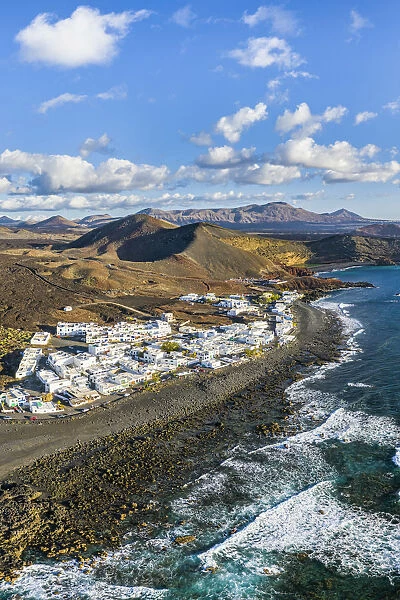 Spain, Canary Islands, Lanzarote, aerial view of El Golfo village