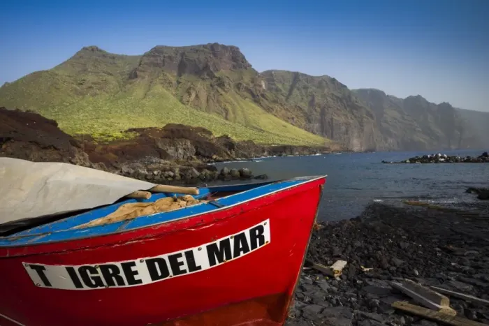 Framed Print : Spain, Canary Islands, Tenerife, Punta de Teno, fishing boats and coastal landscape