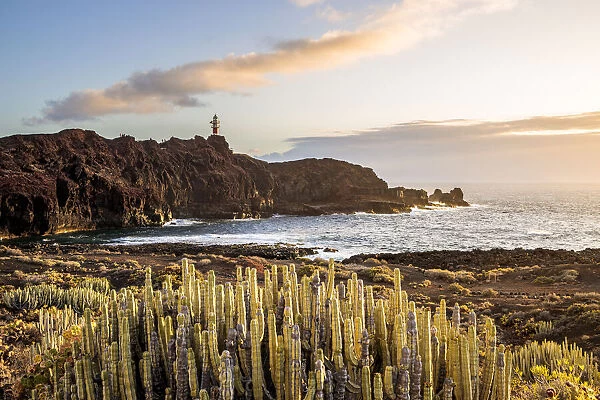 Spain, Canary Islands, Tenerife, Punta Teno lighthouse at sunset