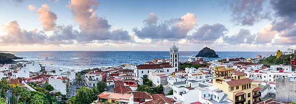 Spain, Canary Islands, Tenerife Island, Garachico, elevated town view with the Iglesia de