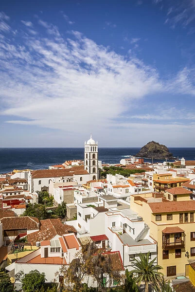 Spain, Canary Islands, Tenerife Island, Garachico, elevated town view with the Iglesia de