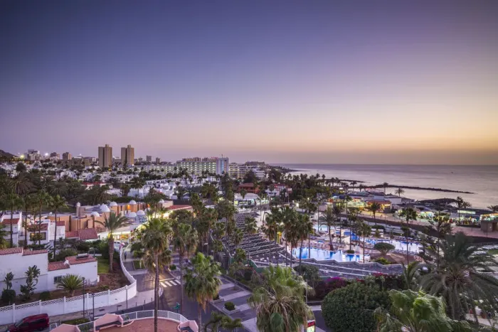 Framed Print : Spain, Canary Islands, Tenerife Island, Playa de Las Americas, resort area, dusk Framed Print : Spain, Canary Islands, Tenerife Island, Playa de Las Americas, resort area, dusk