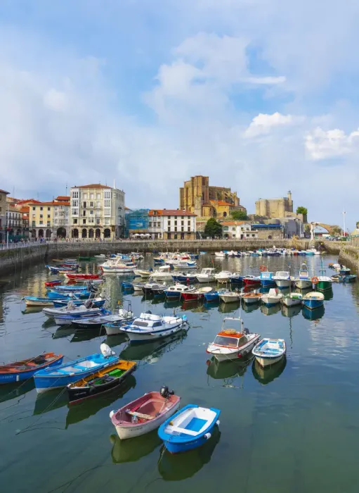 Framed Print : Spain, Cantabria, Castro-Urdiales, harbour, Santa Maria church and Santa Ana castle