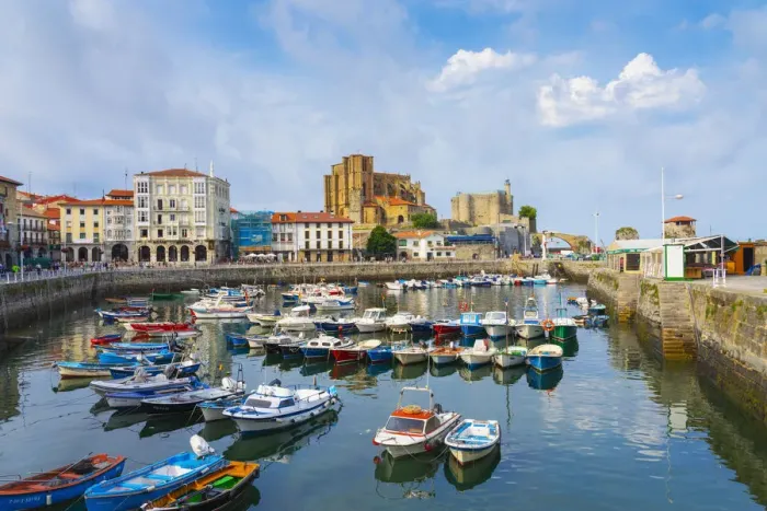 Framed Print : Spain, Cantabria, Castro-Urdiales, harbour, Santa Maria church and Santa Ana castle Framed Print : Spain, Cantabria, Castro-Urdiales, harbour, Santa Maria church and Santa Ana castle
