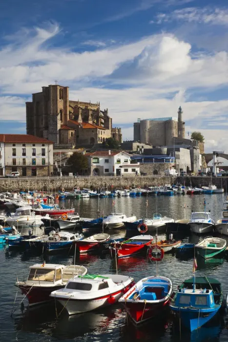 Framed Print : Spain, Cantabria Region, Cantabria Province, Castro-Urdiales, view of town and harbor