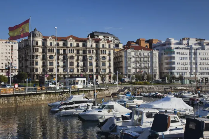 Framed Print : Spain, Cantabria Region, Cantabria Province, Santander, waterfront buildings