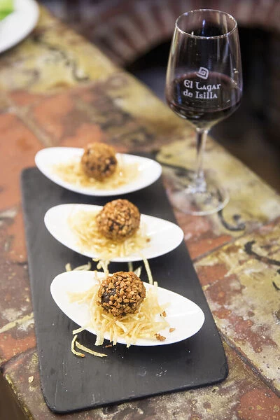 Spain, Castile and Leon, Burgos, Aranda del Duero, Black pudding croquettes in the El Lagar restaurant