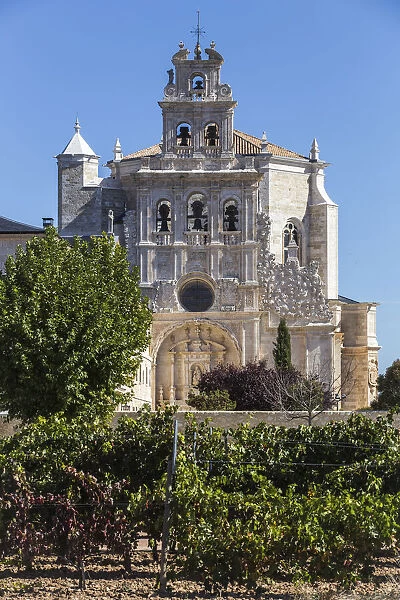 Spain, Castile and Leon, Burgos, La Vid, The main facade of the Monastery in the vines