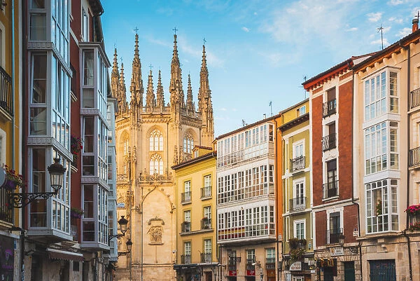 Spain, Castile and Leon, Burgos. Old town houses and the gothic Cathedral of Saint