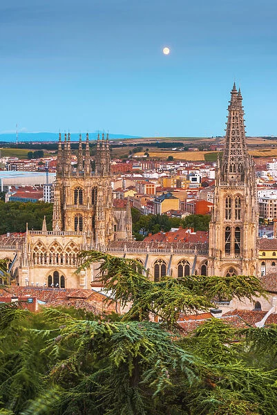 Spain, Castile and Leon, Burgos. Skyline and the gothic Cathedral of Saint Mary of Burgos