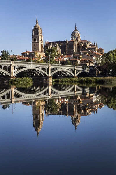 Spain, Castile and Leon, Salamanca, View of the Cathedral from the Tormes river