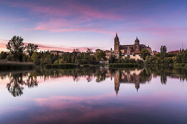 Spain, Castile and Leon, Salamanca, View of the Cathedral from the Tormes river jetty