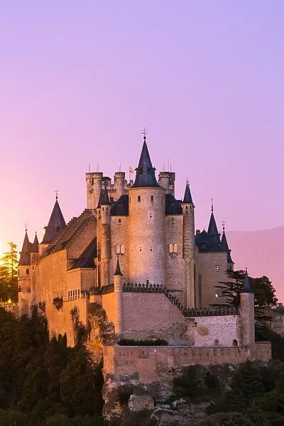 Spain, Castile and Leon, Segovia. The Alcazar and cathedral at sunset